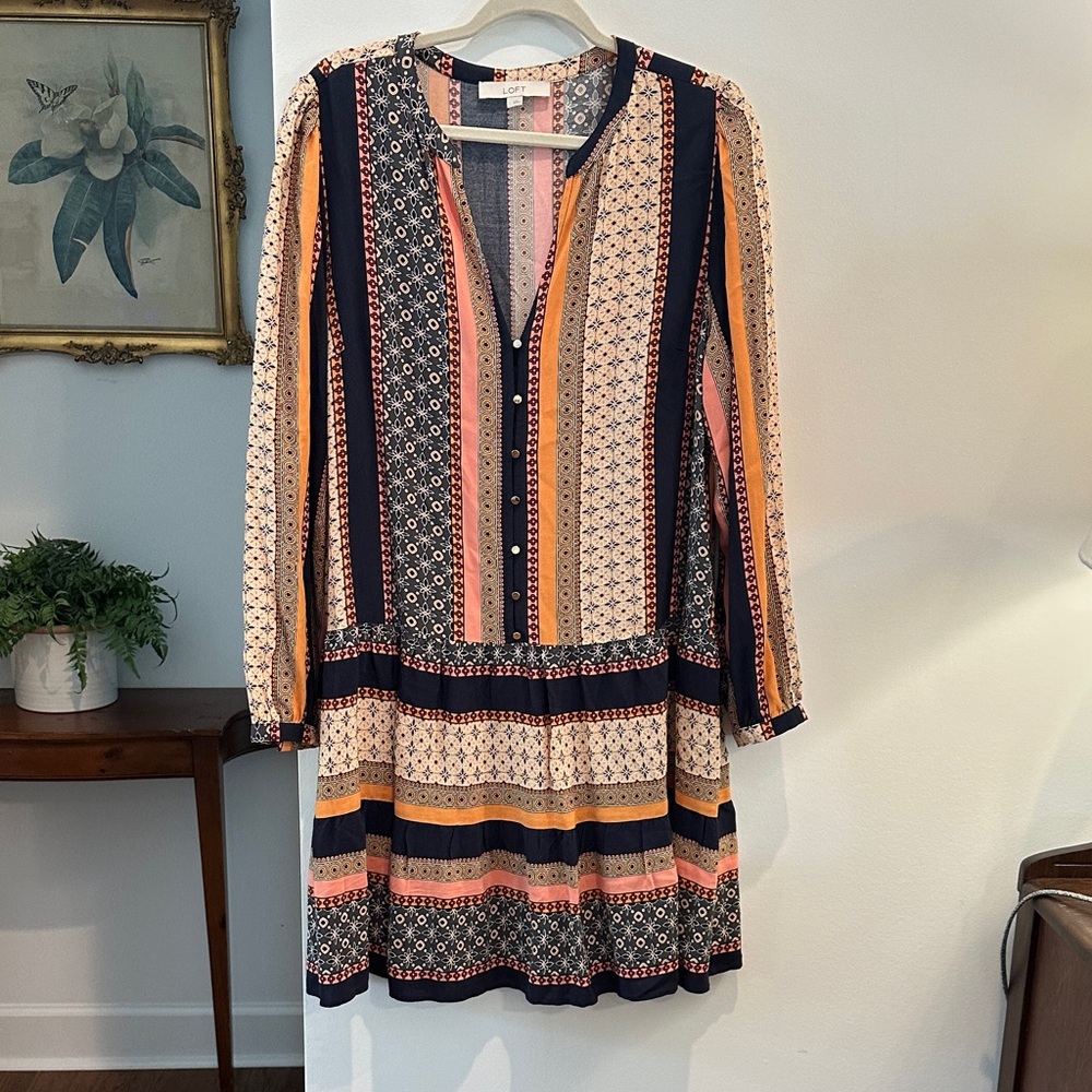 Loft Long Sleeve Dress with Multicolor Stripes